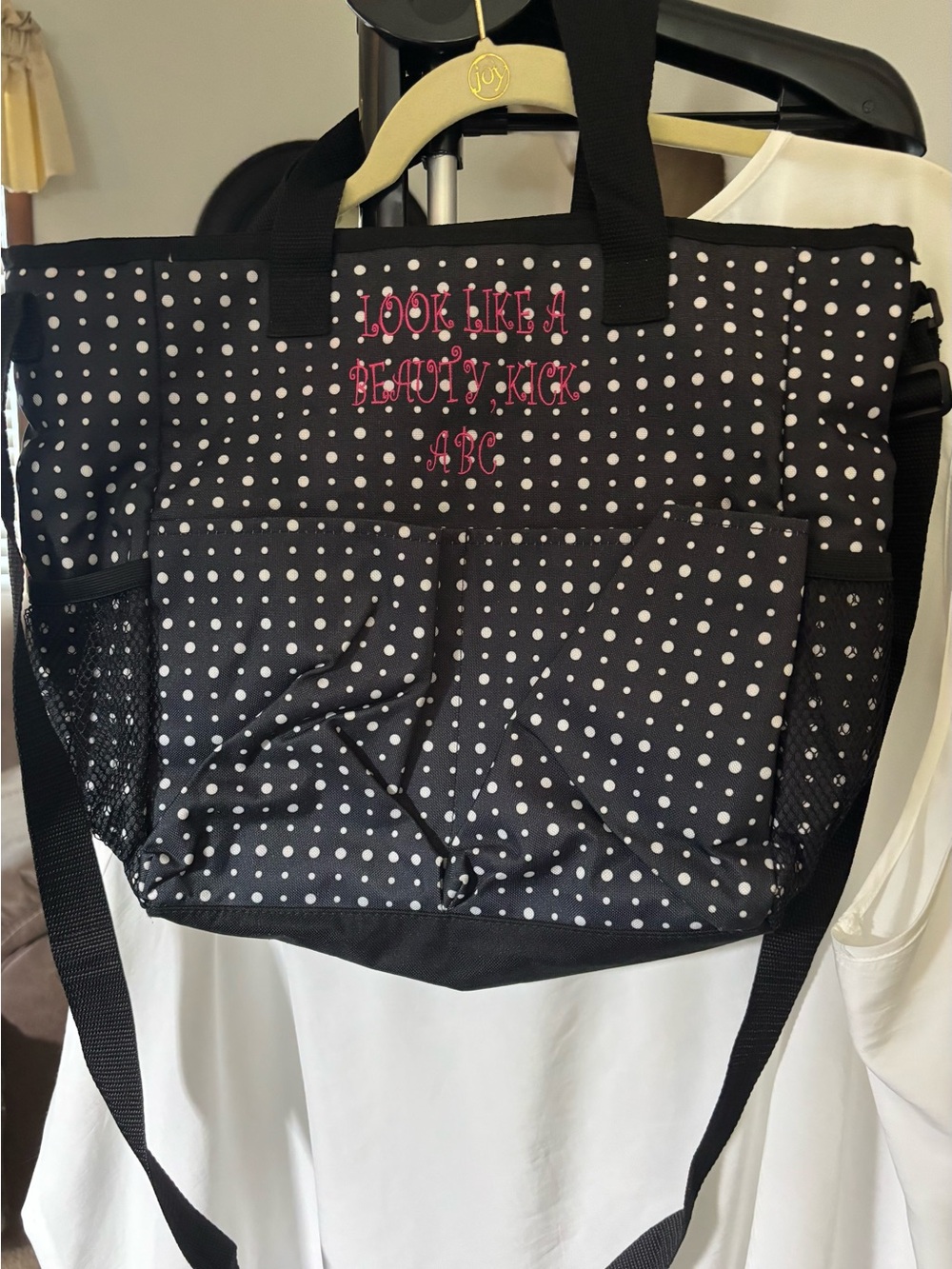 thirty-one Black Polka Dot Tote with Pink Embroidery